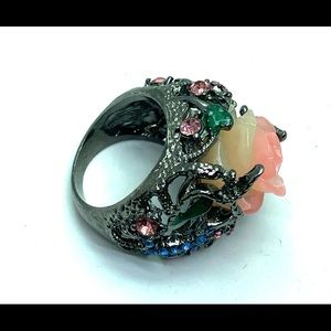 Rose carved Multi stone gun metal statement ring size 5.5